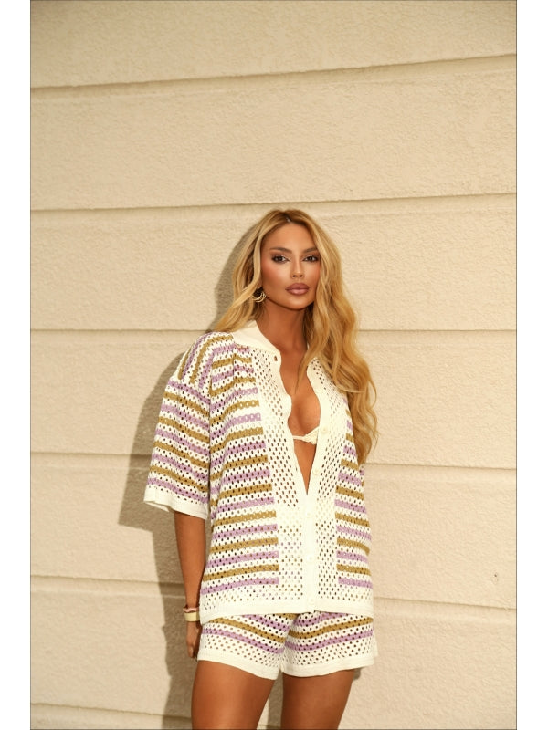 CONJUNTO SHORT ELLIE - BRANCO/LILAS/DOURADO